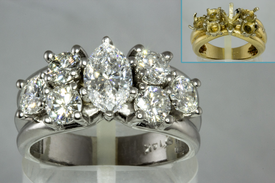 Jewelry Makeover: A well worn yellow gold ring with diamonds falling out, refined and custom made in white gold.